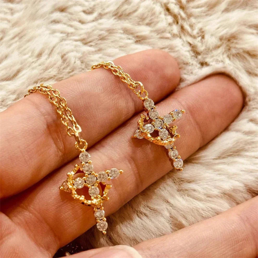 Cross & Rotating Crown Necklace