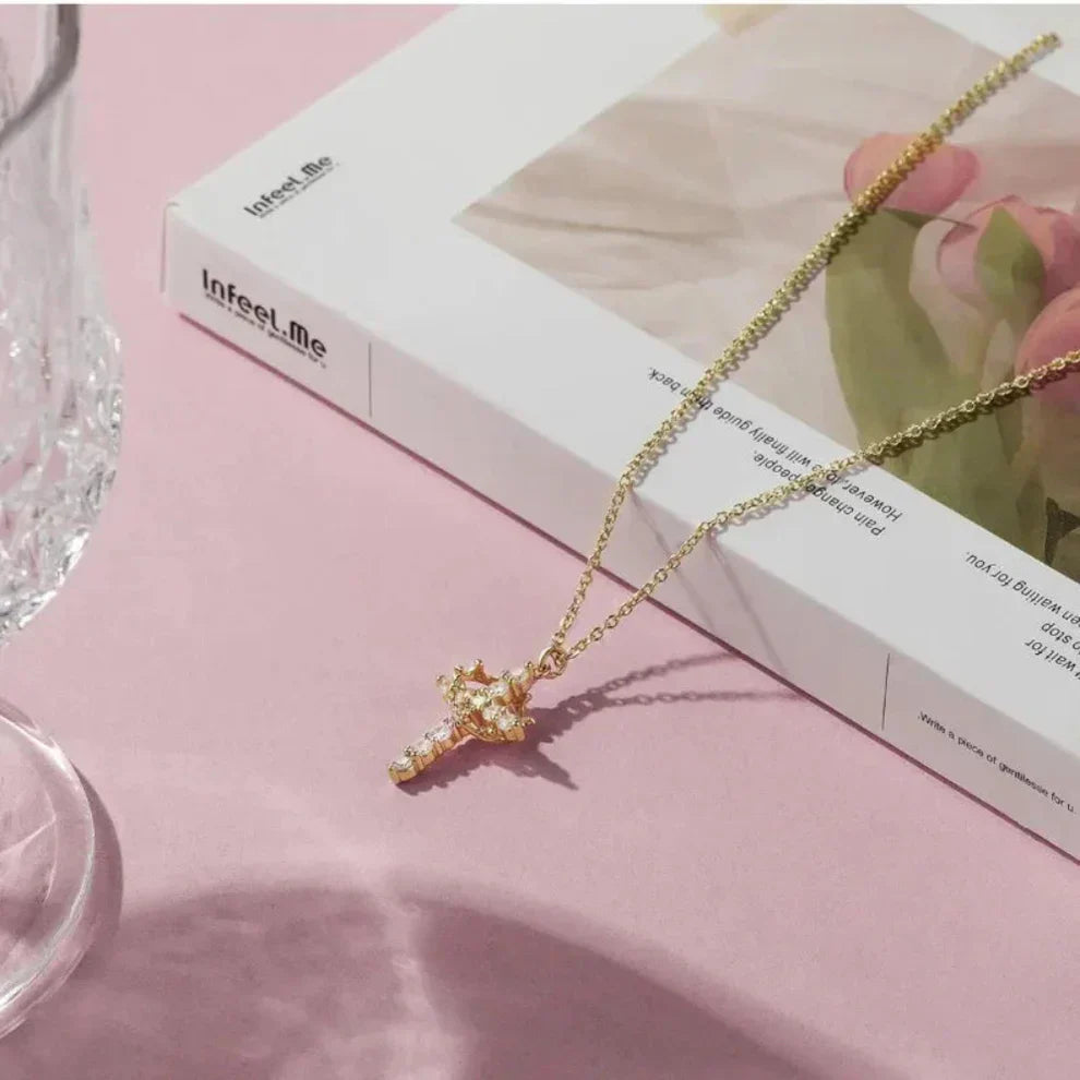 Cross & Rotating Crown Necklace